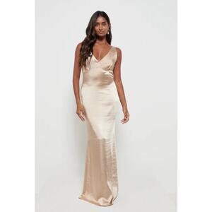 Pretty Lavish Esmee V-Neck Bridesmaid Maxi Dress Bronze Tan Gold Satin Size 8